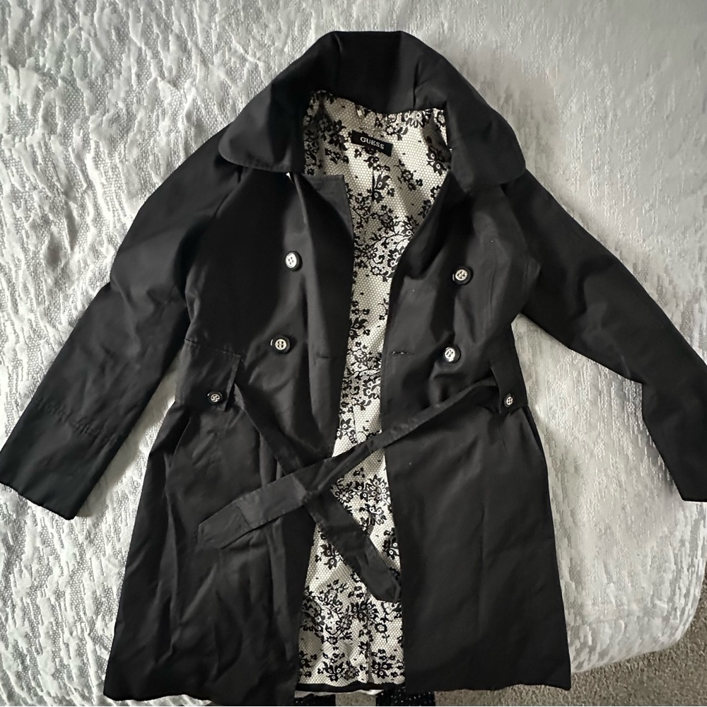 Guess Black Trench Coat with Floral Lining